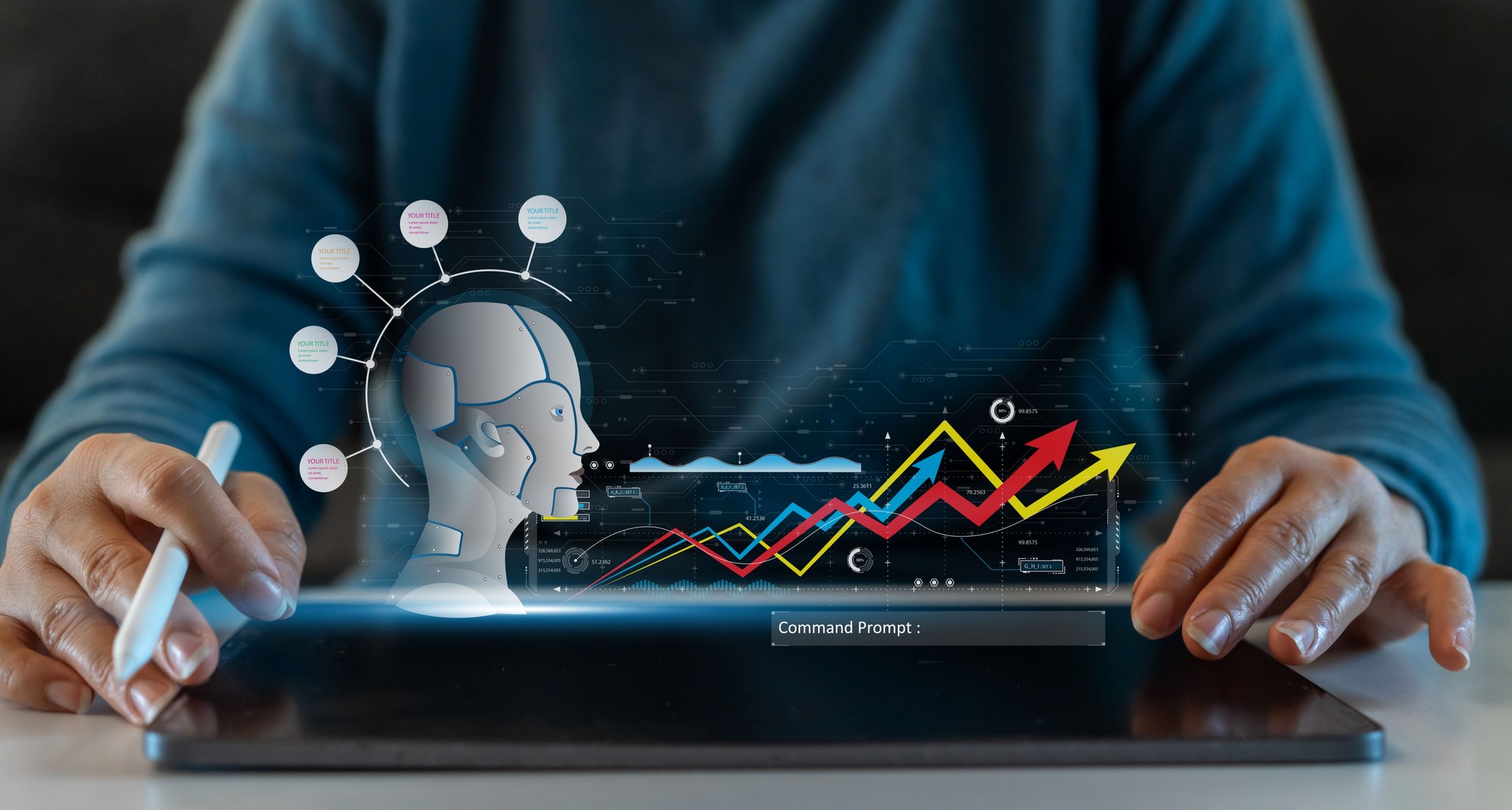 Business people use tablet with digital technology future smart robot AI network bigdata, chat with AI ,network, technology transformation, Artificial Intelligence internet.Ai robot and technology