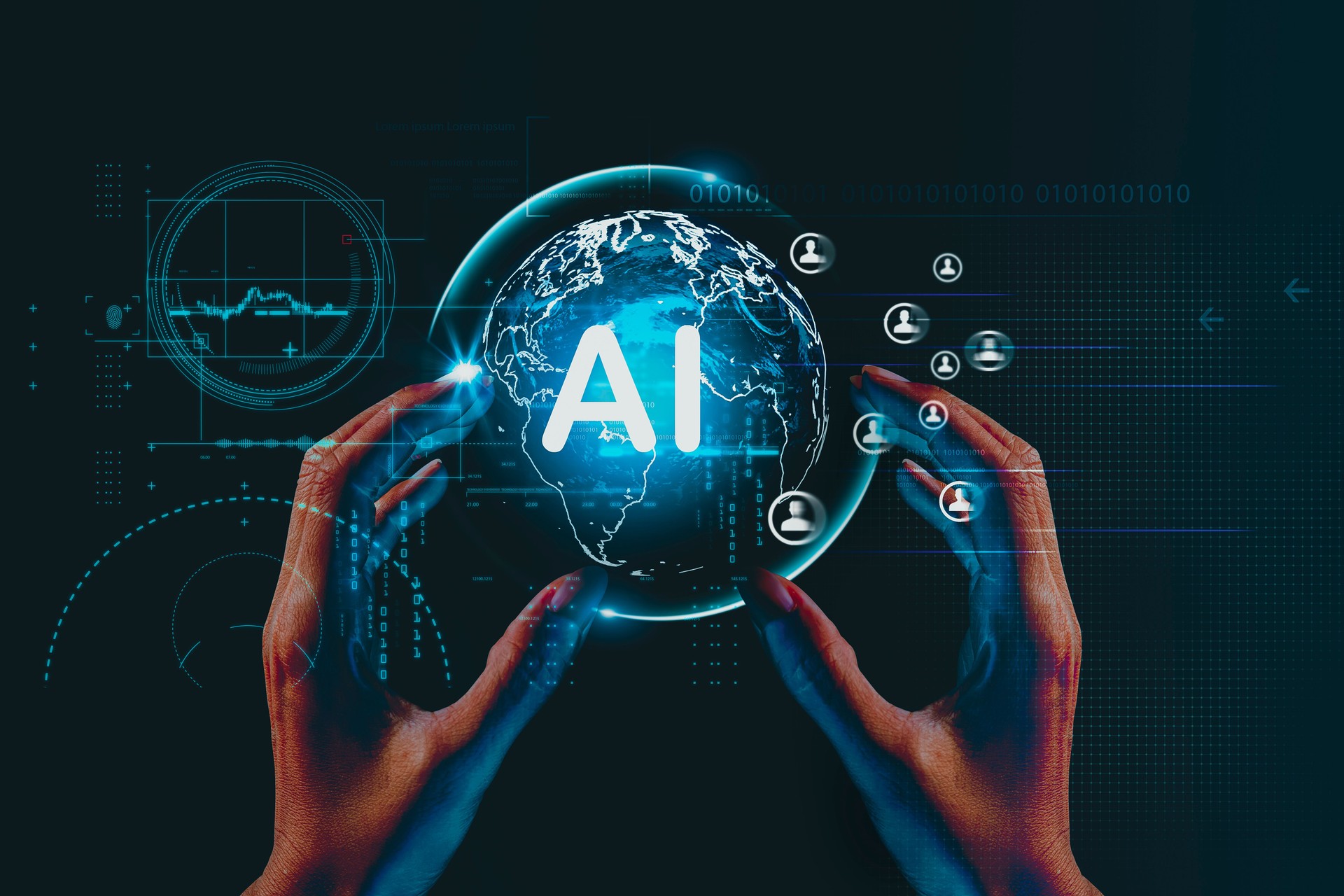 Hand-holding virtual digital AI icons for online information network background. Artificial intelligence, innovation and technology Concept